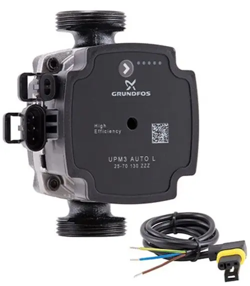 Ersatzpumpe von Grundfos mit elektrischen Anschlüssen und einer Verbindung zur Heizungsanlage. Geeignet für den Einsatz in Heizsystemen.